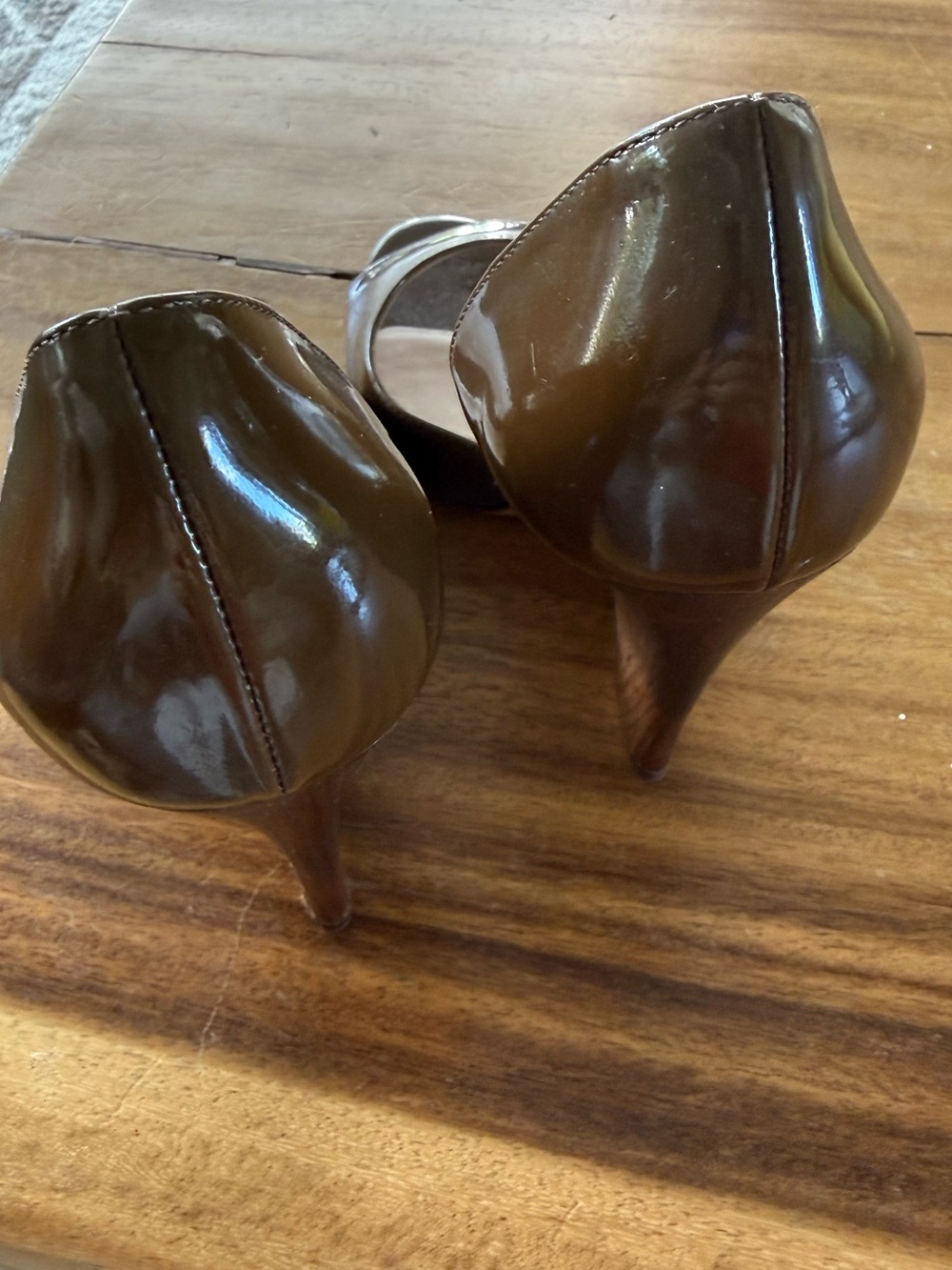 Casadei Never Worn Brown Patent Leather Peep-Toe Wedge Heels - Picture 6 of 8